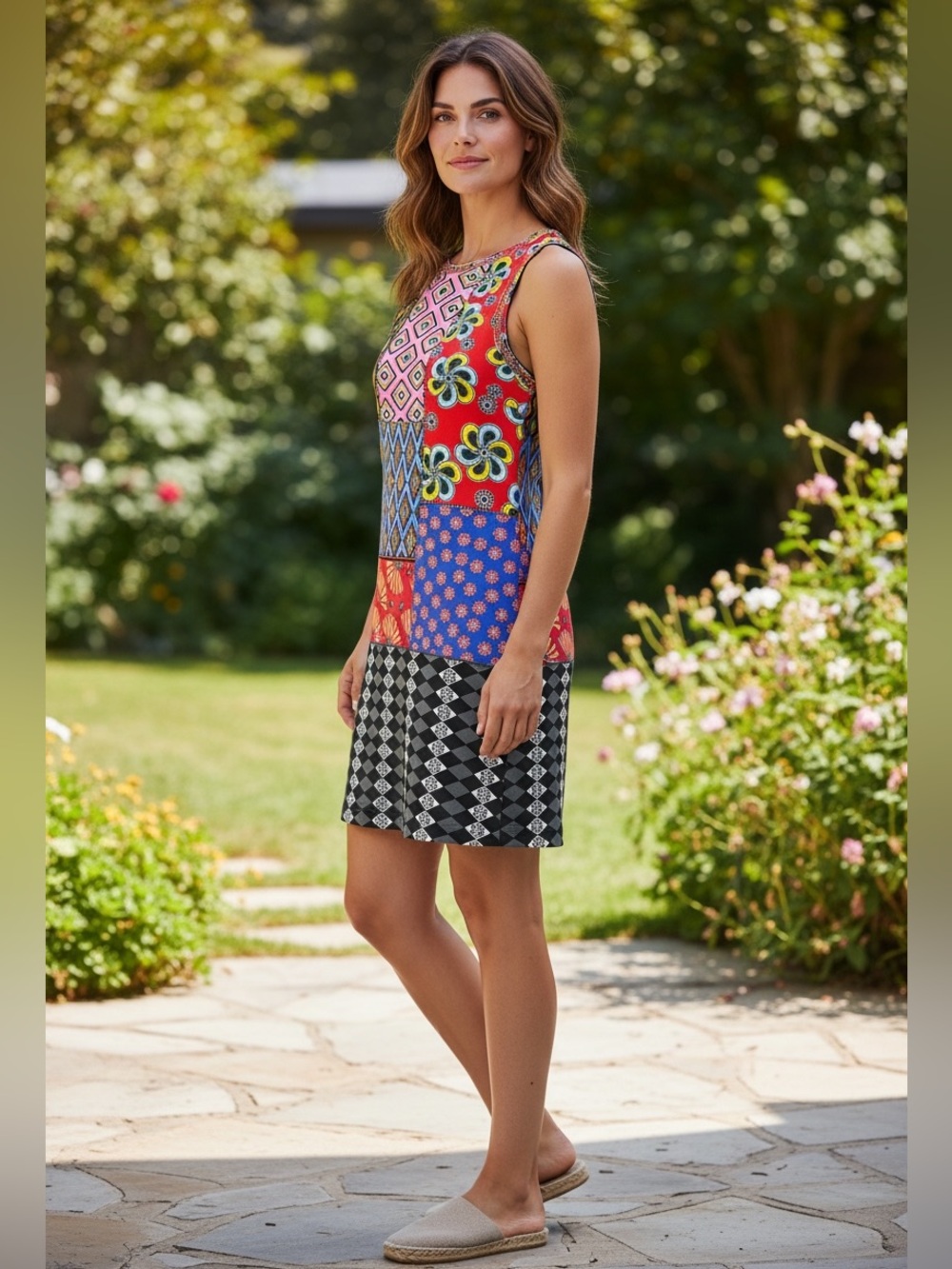 Sleeveless Patchwork Print Shift Dress - Red, Blue & Black